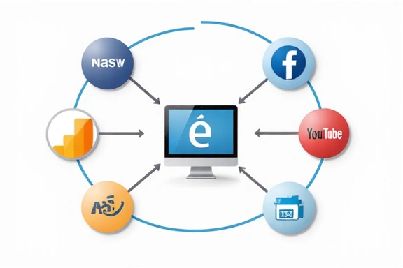 Icone di servizi di terze parti come Google Analytics, Facebook e YouTube che si collegano a un sito web
