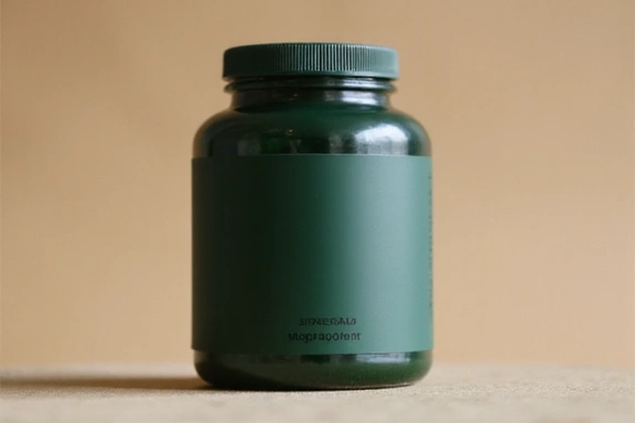 Confezione di integratore verde scuro con etichetta minimalista, su sfondo naturale