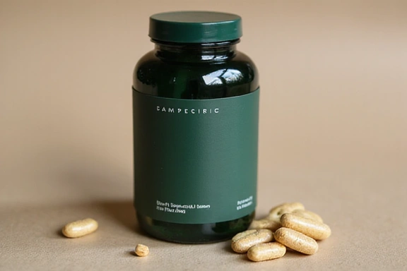 Confezione di integratore verde scuro con etichetta minimalista, su sfondo naturale